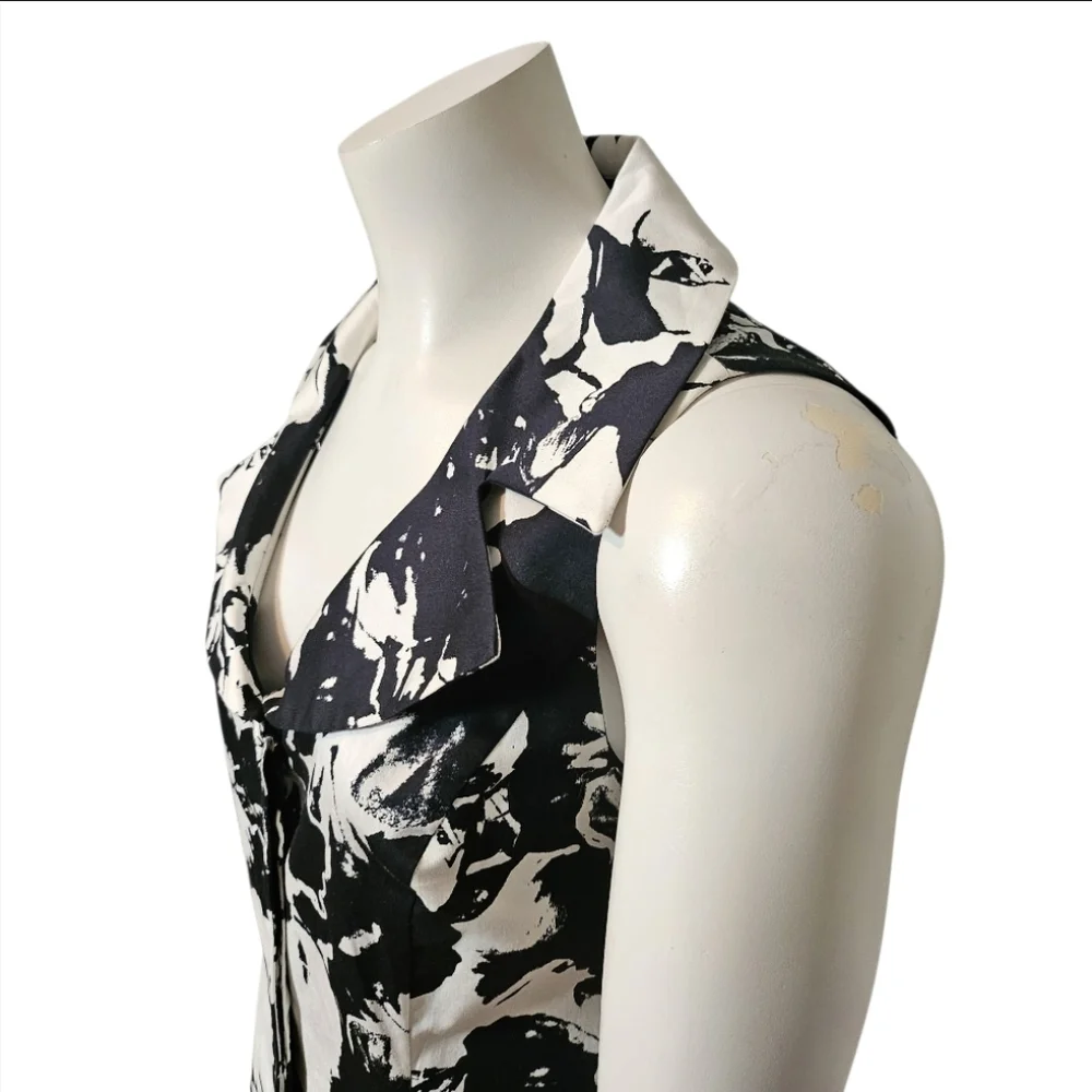 Jones New York Dress Black and White Floral Button Front Sleeveless Collar sz 4